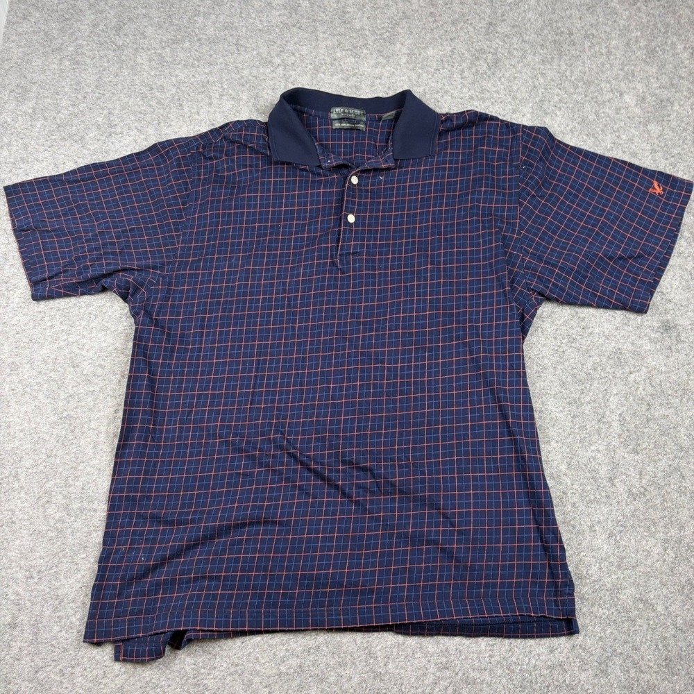 Lyle & Scott Polo Shirt Mens XXL Navy Blue Grid Plaid Mercerized Windowpane Golf